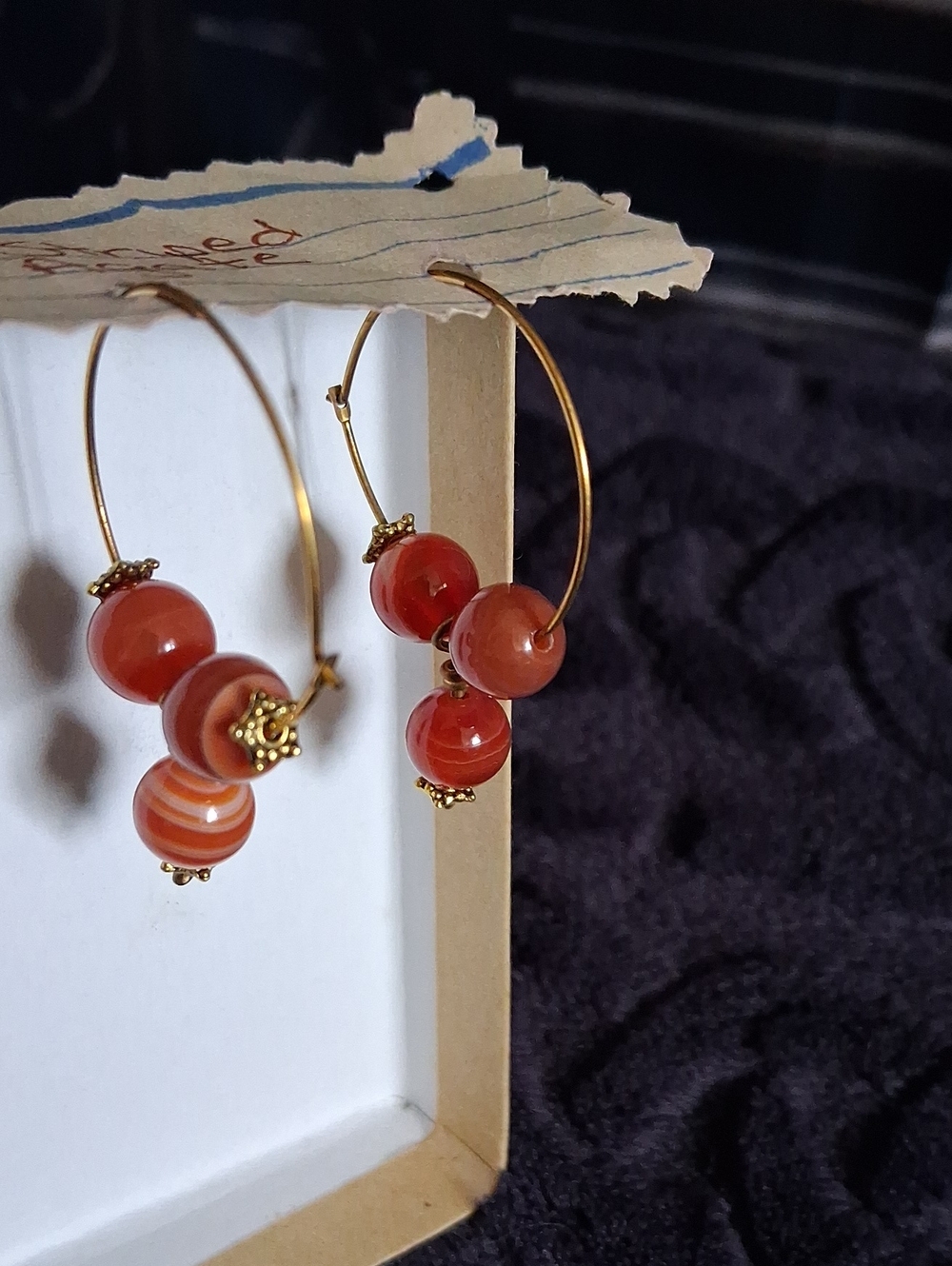 Gold Hoop Earrings with Red Agate Beads - Unbranded